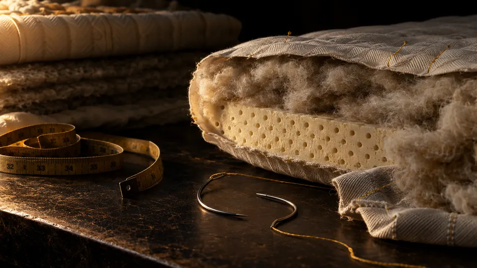 Detail van een matrassenatelier: gestapelde lagen latex, katoen en wol, een lintmeter en naalden op een donkere werkbank in warm goud licht