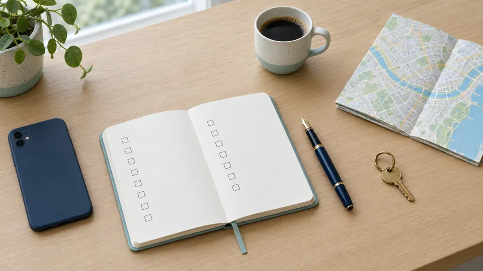 Een opgeruimd bureau van bovenaf: een notitieboek met lege vinkvakjes, een pen, een gsm, koffie en een stadsplan
