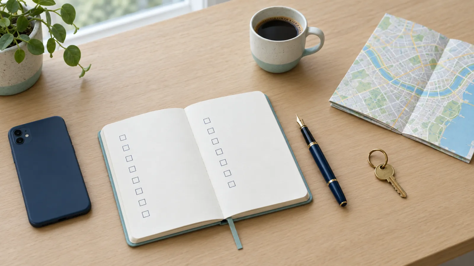 Een opgeruimd bureau van bovenaf: een notitieboek met lege vinkvakjes, een pen, een gsm, koffie en een stadsplan