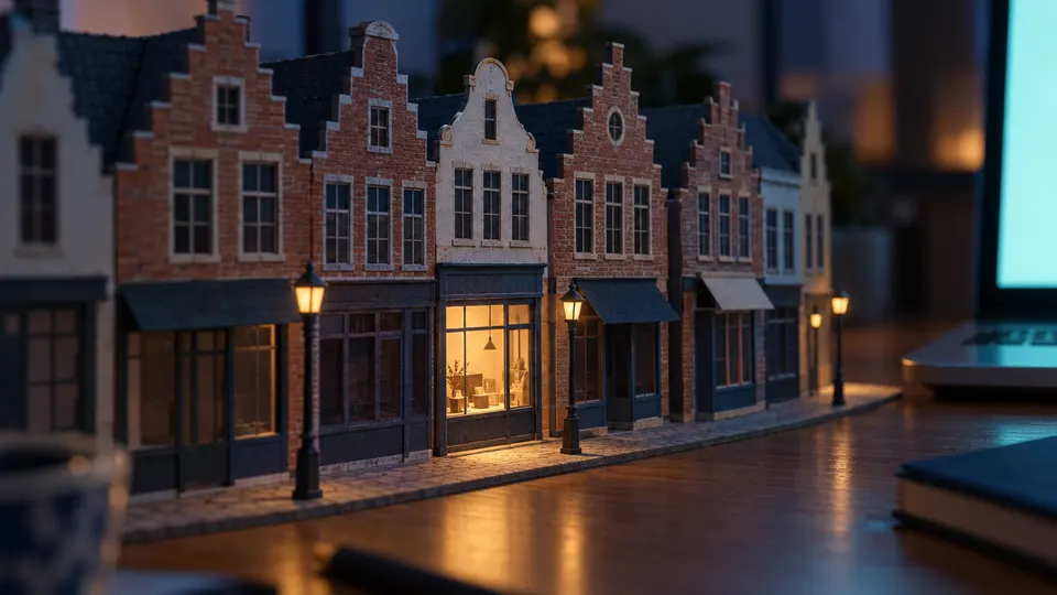 Een papieren maquette van een winkelstraat op een bureau in de schemering, met één verlichte etalage