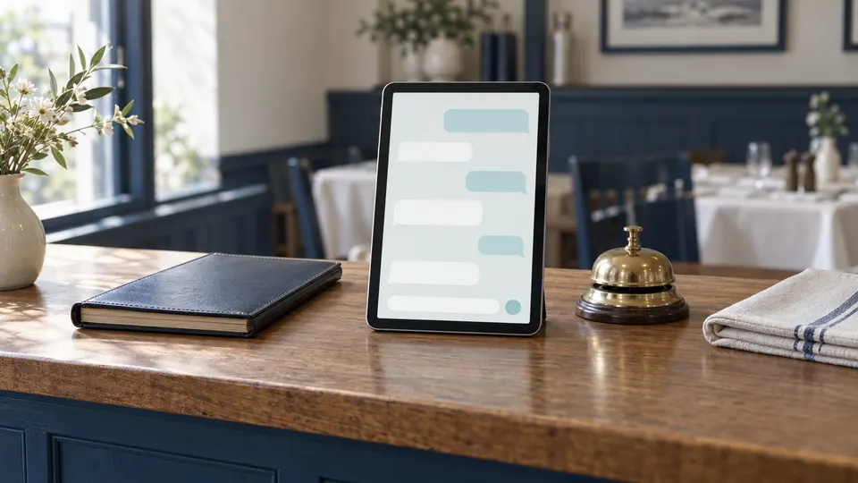 De balie van een klein restaurant in de ochtend: een tablet met een leeg chatvenster, een reservatieboek en een belletje