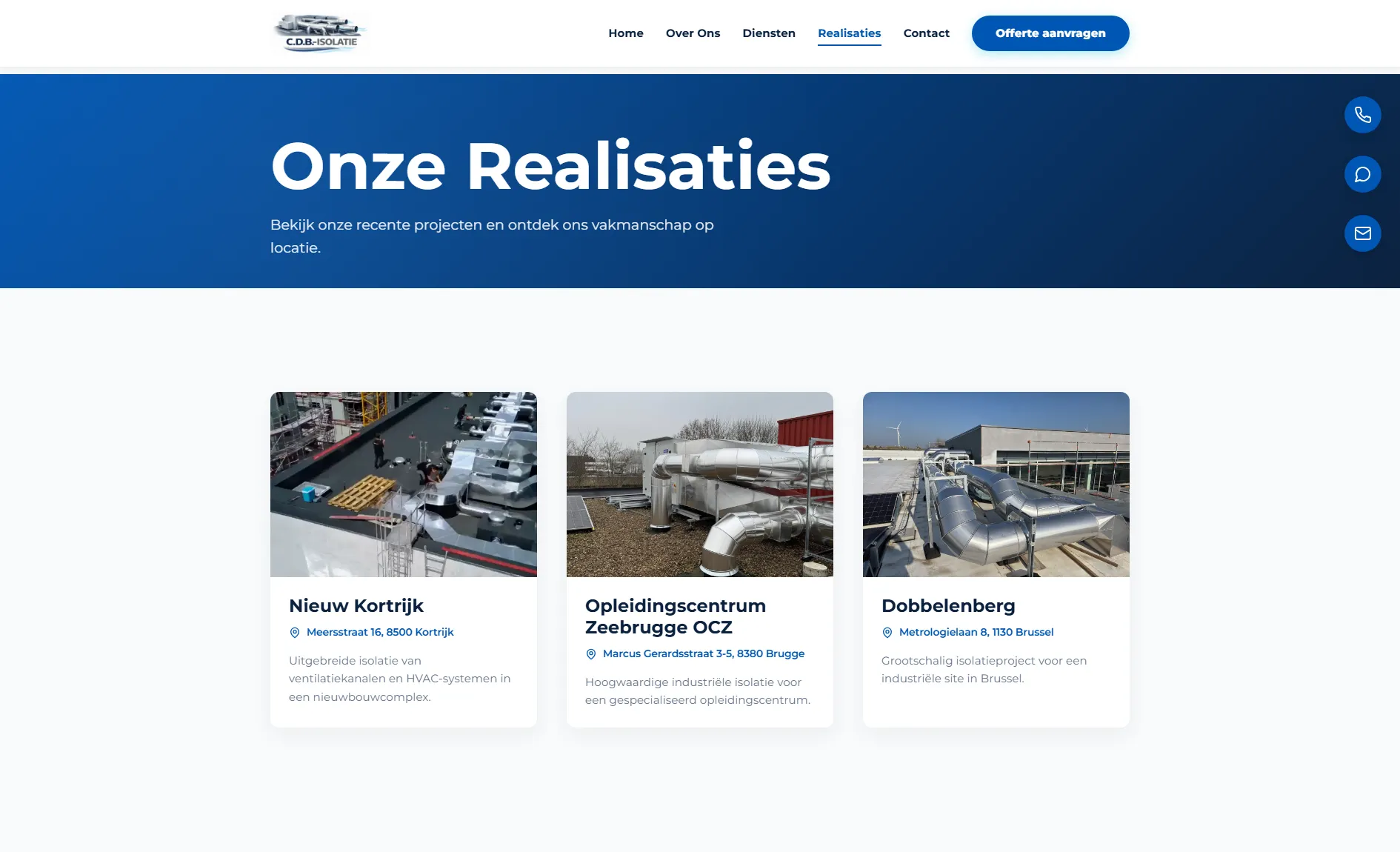 Realisations overview with project pages on the C.D.B.-Isolatie website