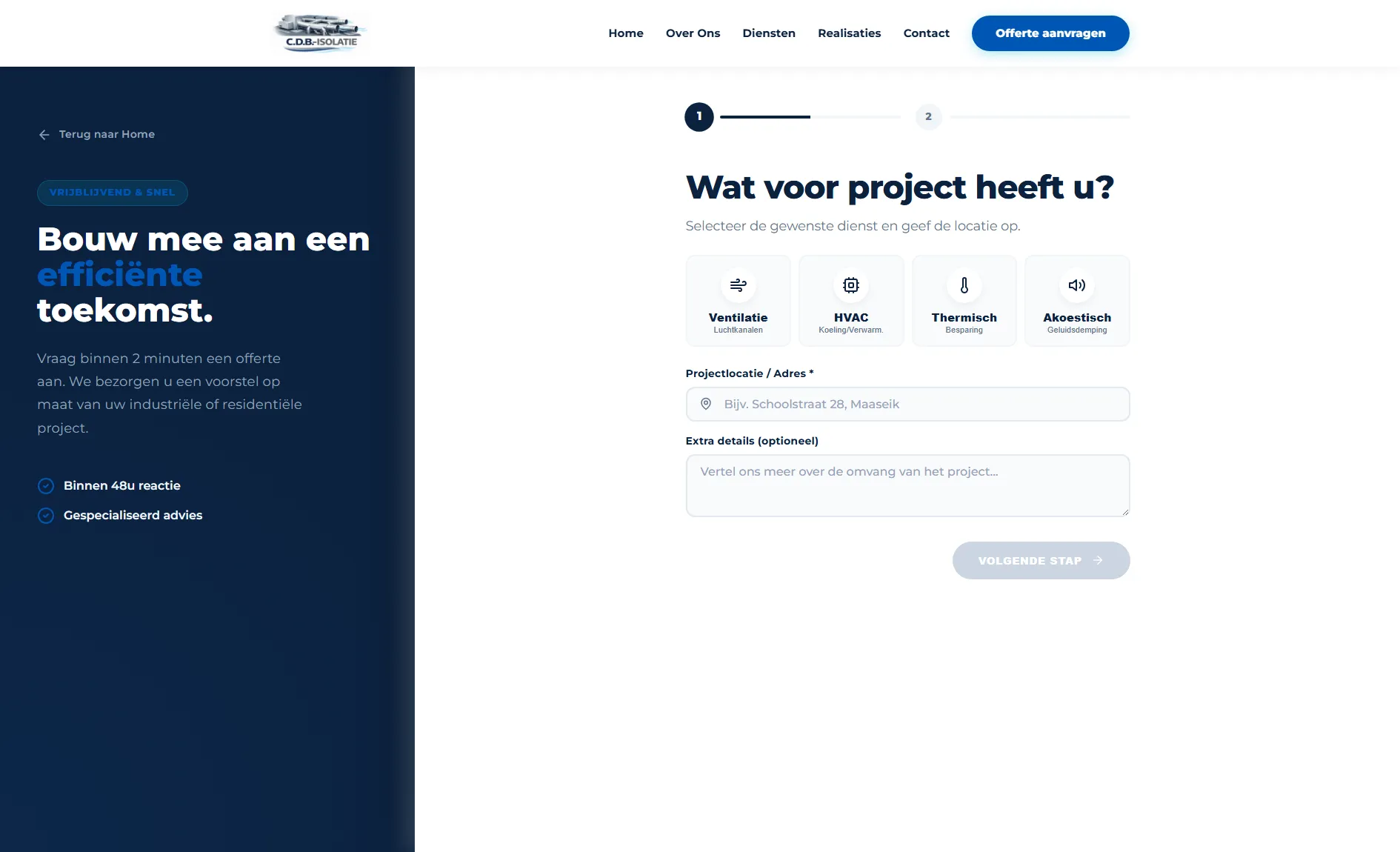Two-step quote wizard on the C.D.B.-Isolatie website