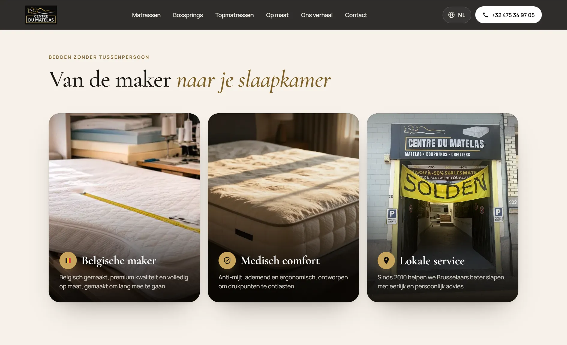 The section 'Van de maker naar je slaapkamer' with three photo cards: Belgian maker, medical comfort, local service