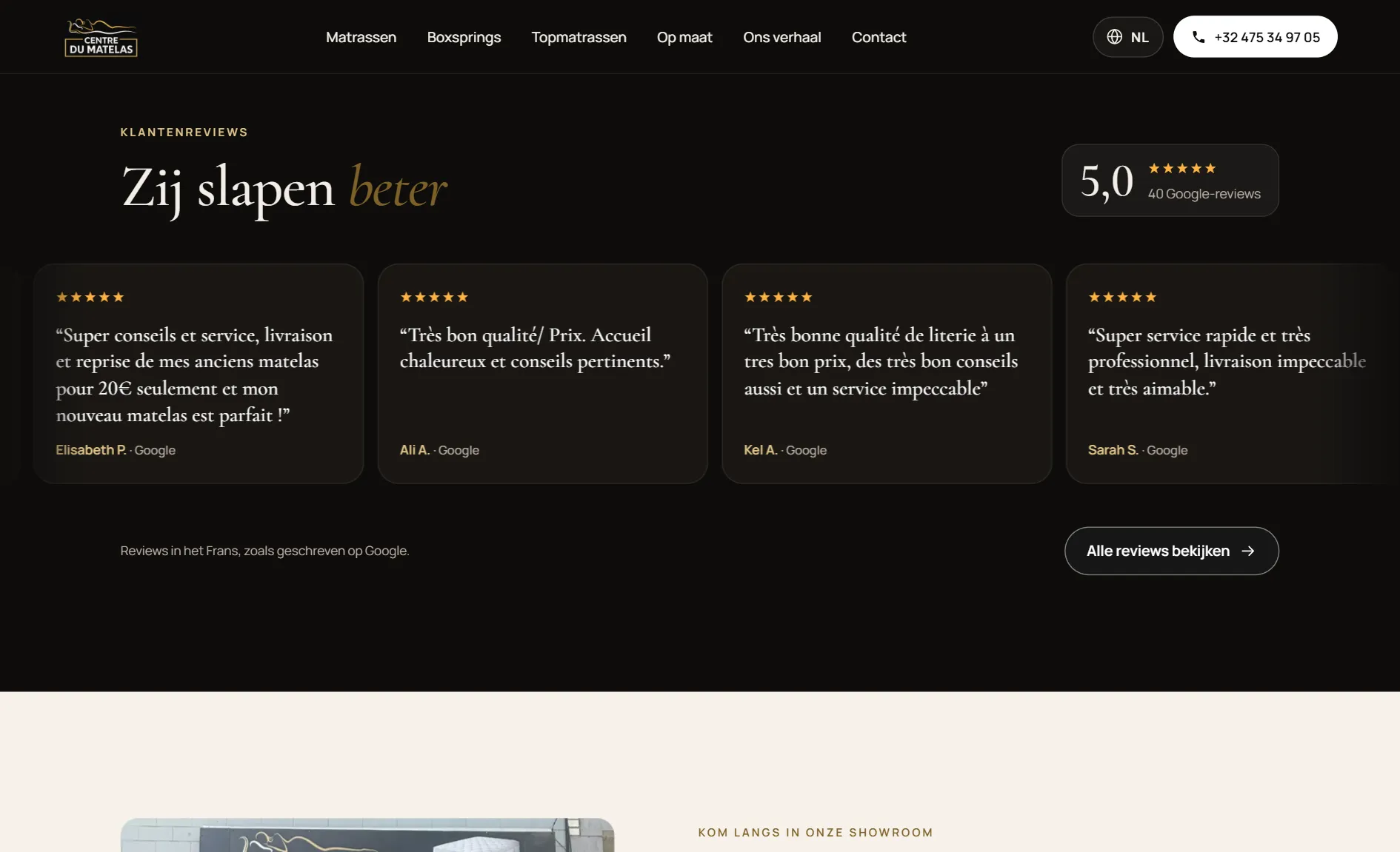 Review slider 'Zij slapen beter' with real Google reviews and a 5.0 score