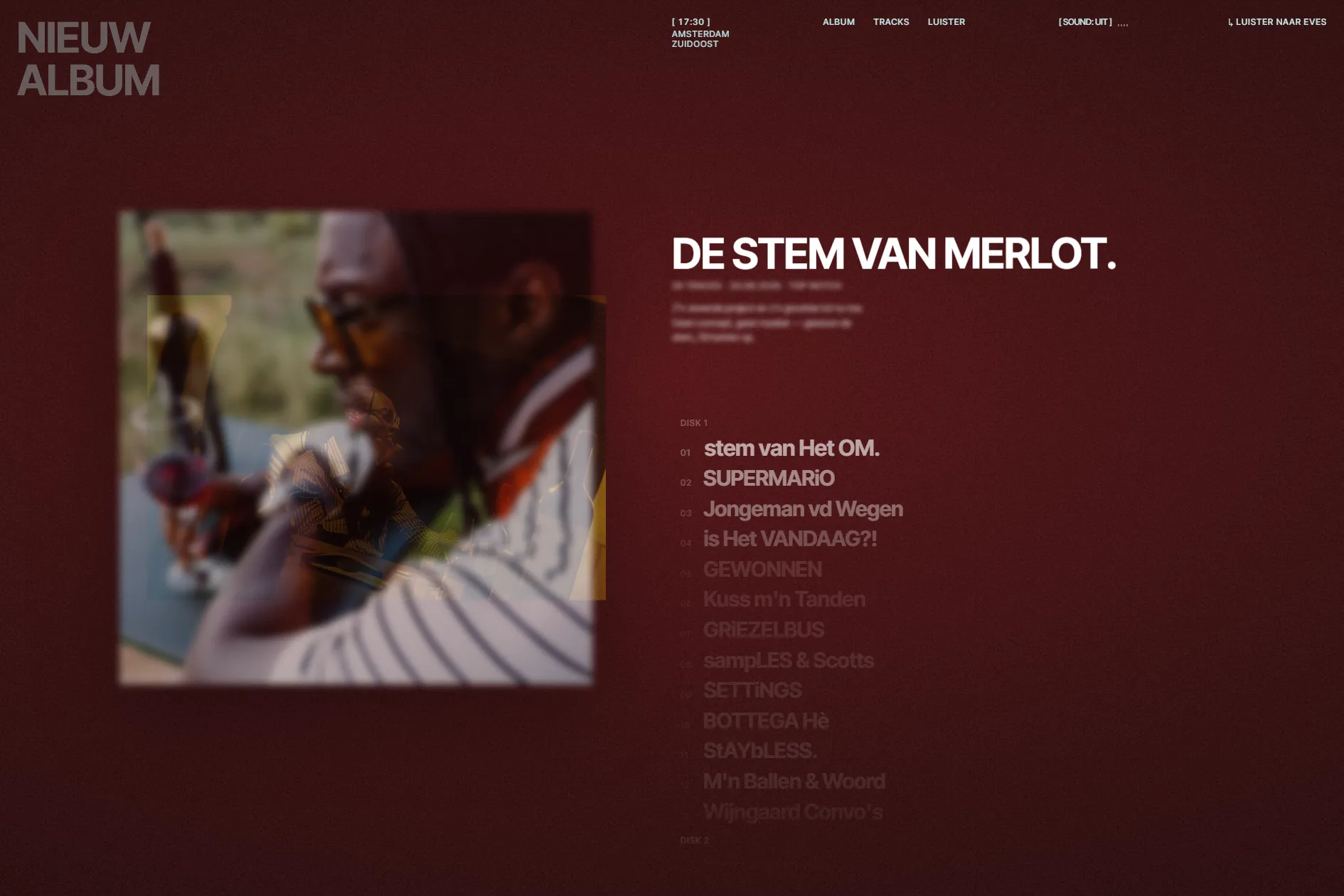 Album section of the Eves Laurent site — the cover of De Stem van MERLOT next to the rolling tracklist