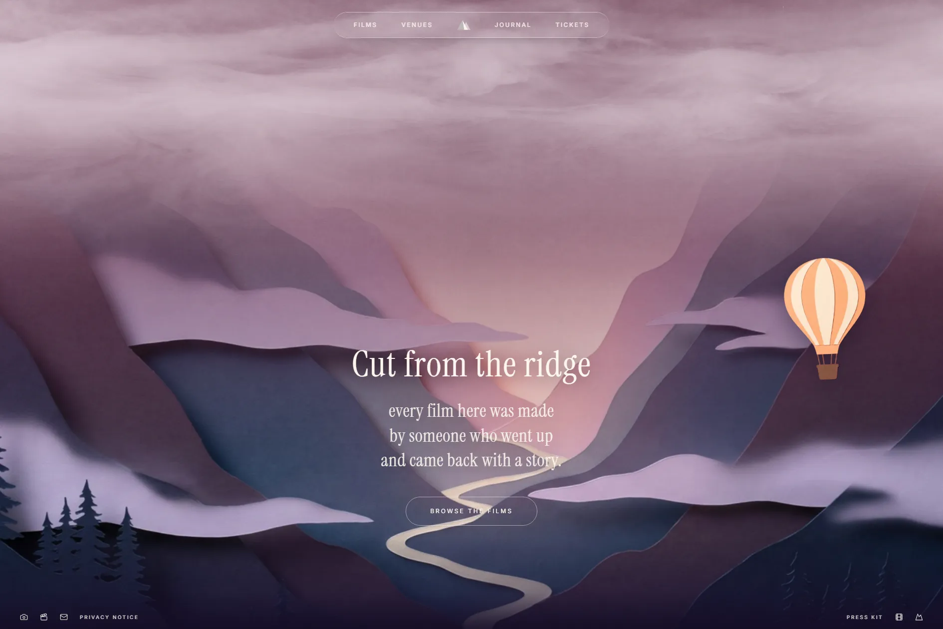 Valley section of the FOLD site — a paper river winding between mountains under the words 'Cut from the ridge'