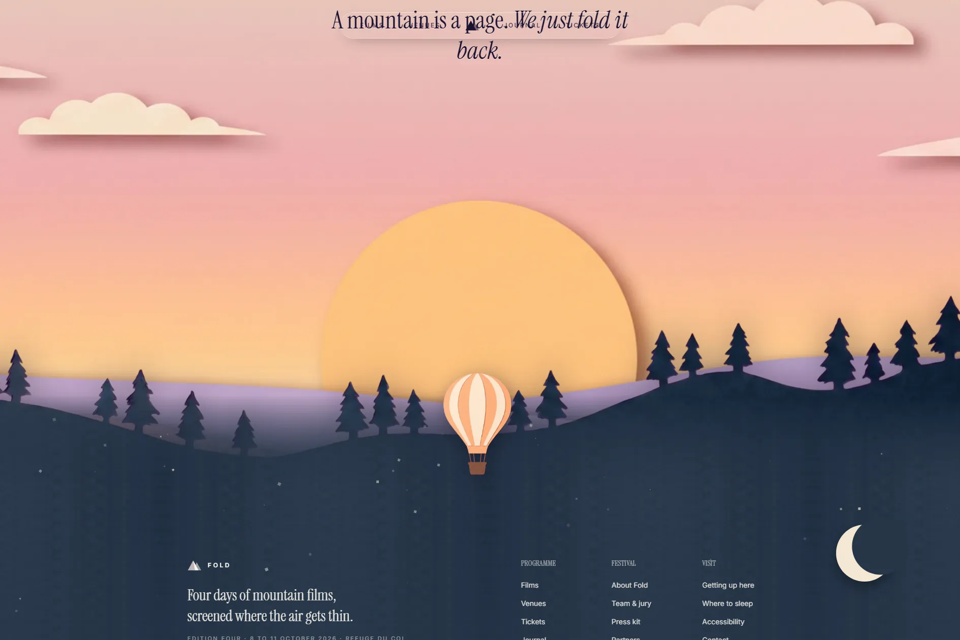 Dawn section of the FOLD site — a paper sun behind pine silhouettes with the balloon landing