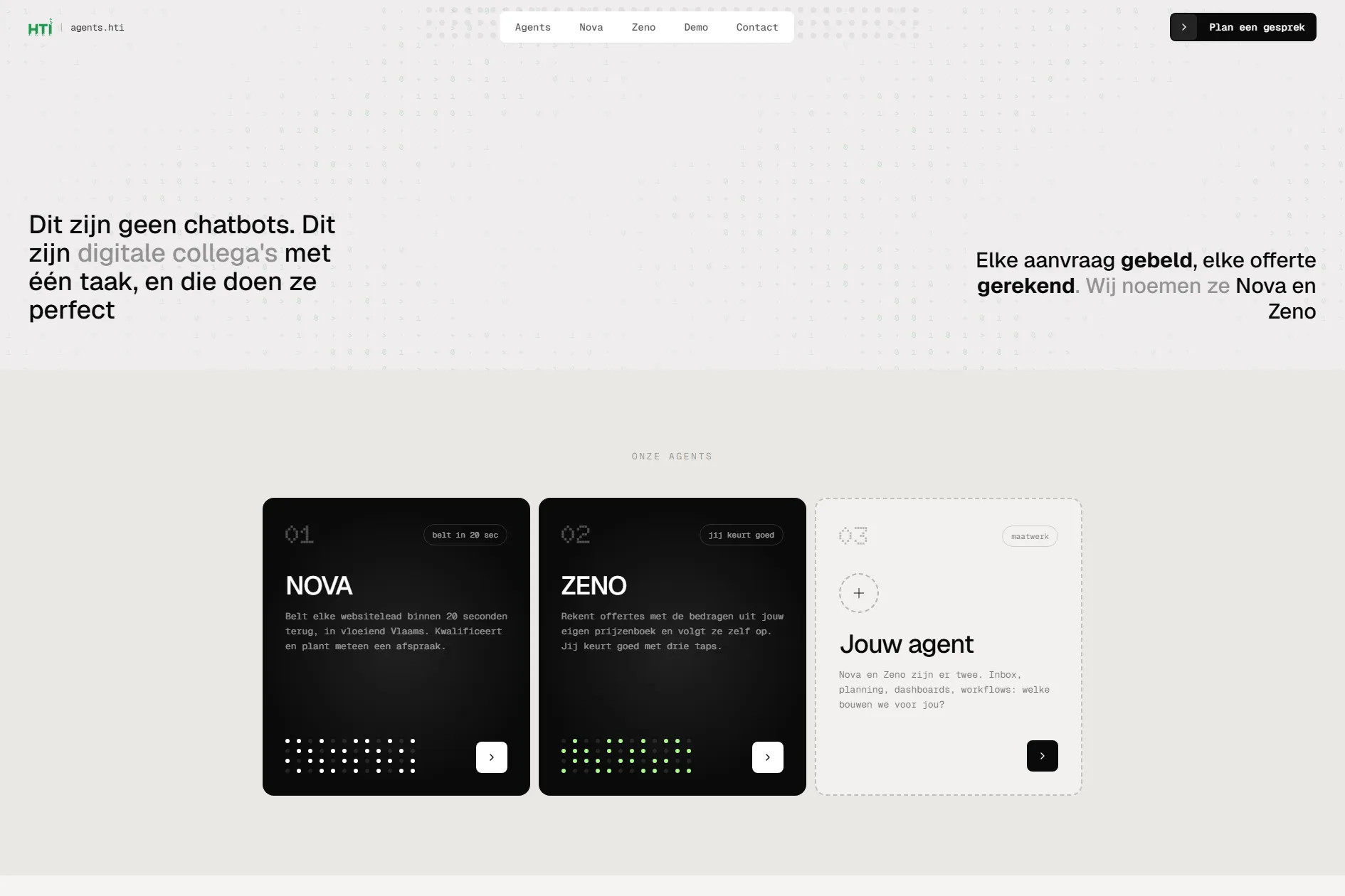 Agent cards on agents.hti — 01 Nova, 02 Zeno and an empty slot for your own agent