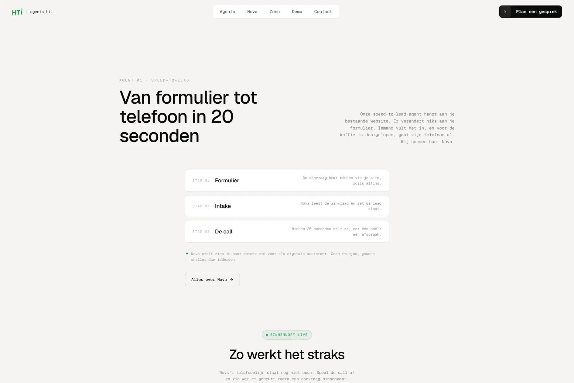 Nova demo on agents.hti — an example request next to a phone that plays the call