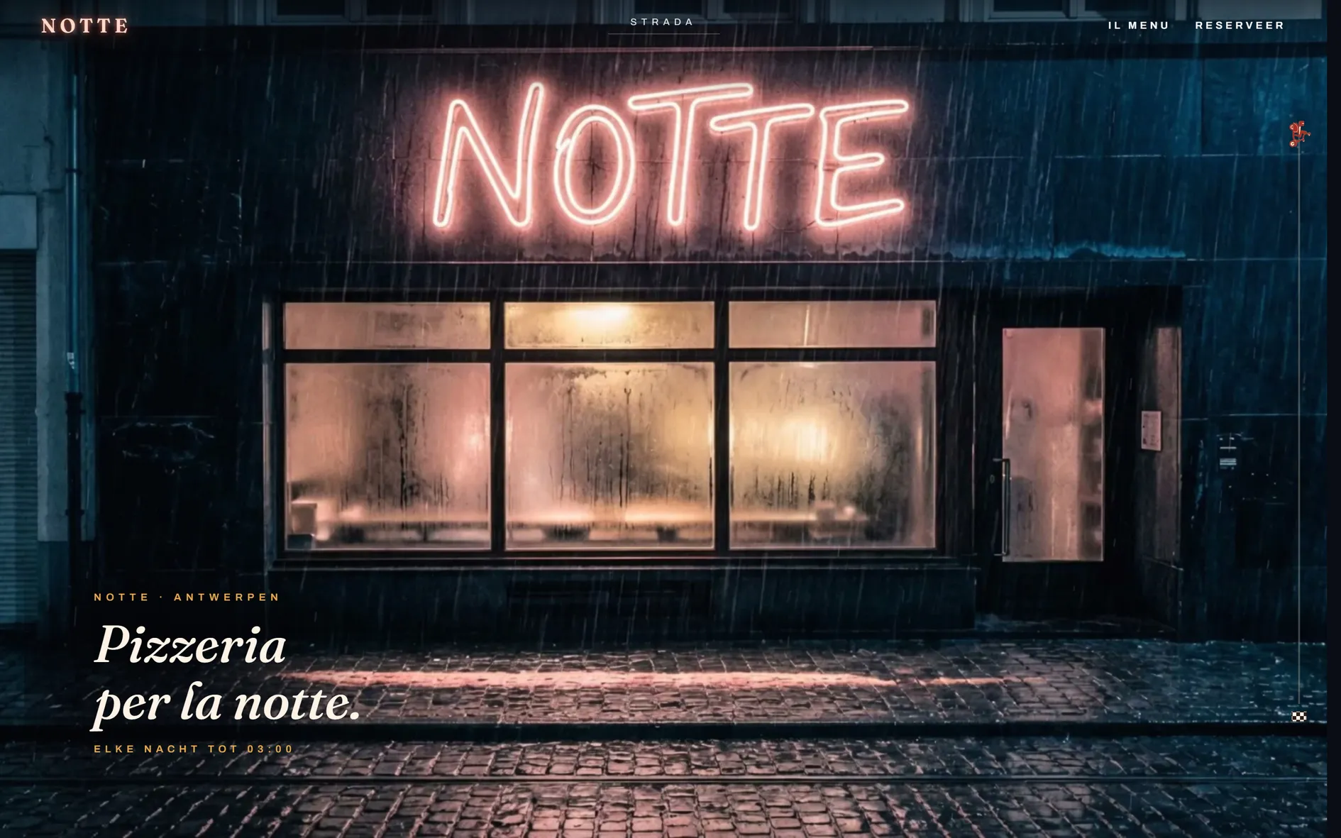 Opening of the NOTTE site — neon sign above a fogged window in the rain