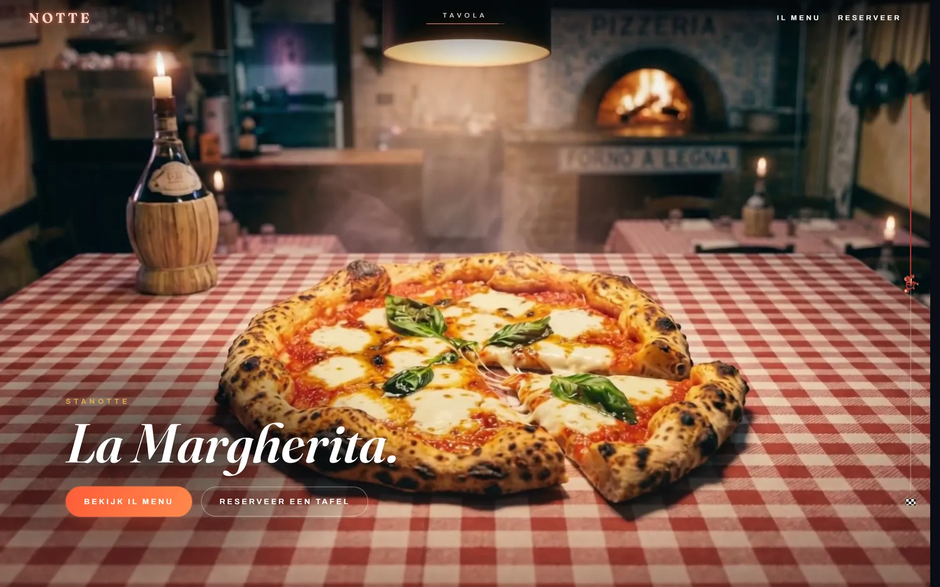 Finale of the NOTTE film — the finished margherita on the checkered tablecloth