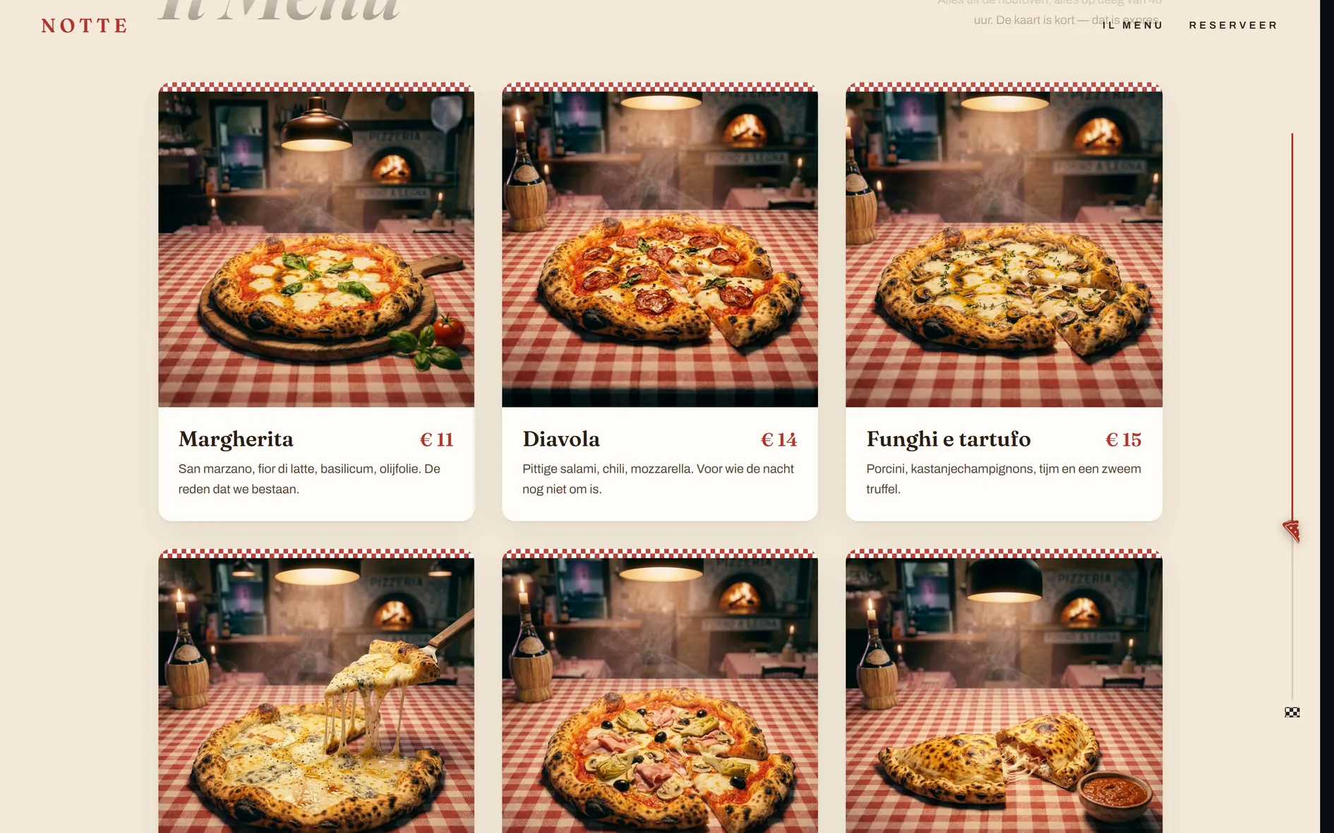 Menu section of the NOTTE site — dish cards on a cream background