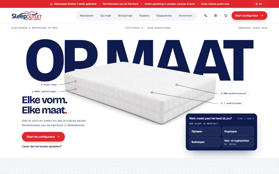 SleepOutlet homepage: made-to-measure mattresses in Middelkerke