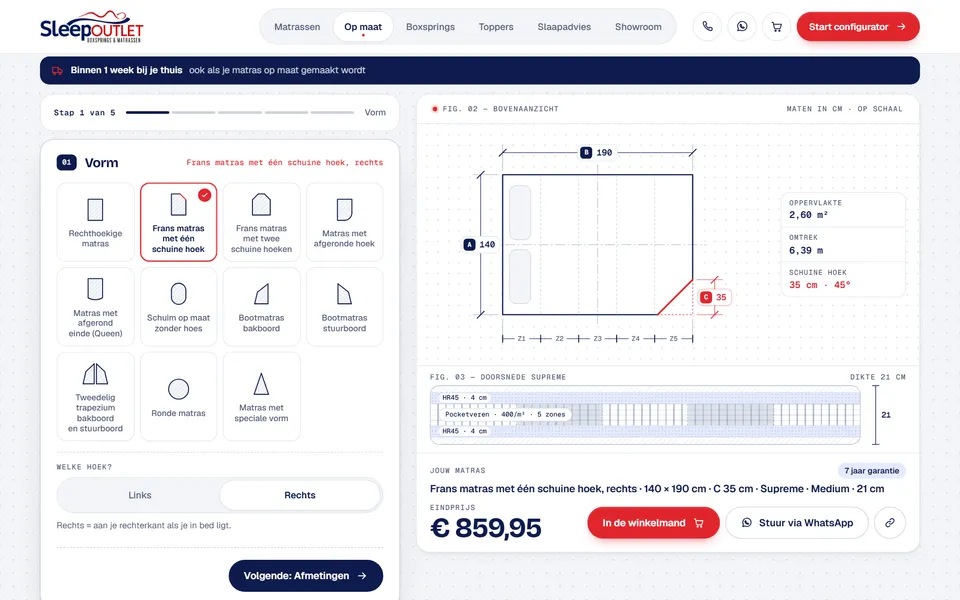 SleepOutlet configurator with a scale drawing and the price