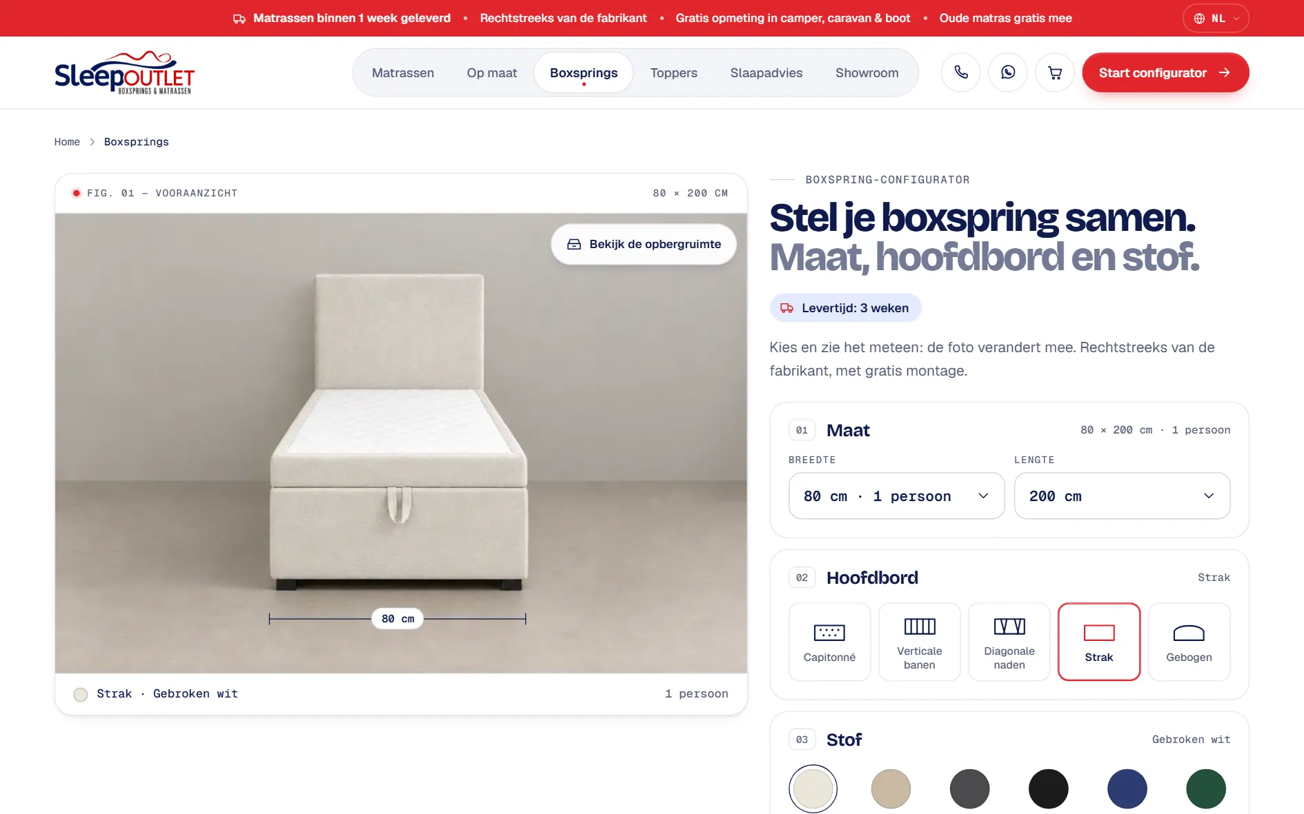 Box spring configurator with a front view, size, headboard and fabric choices