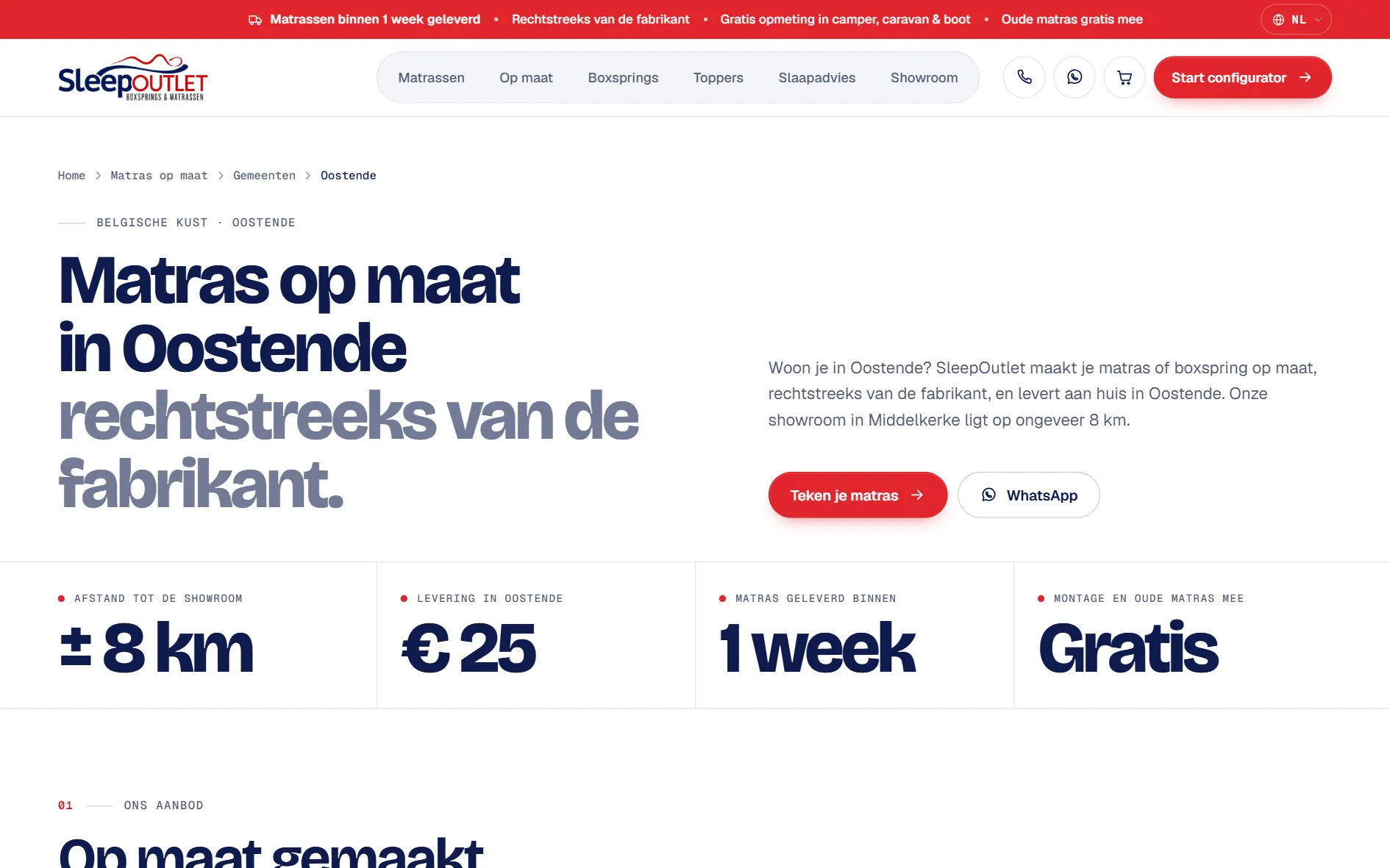 Town page 'Matras op maat in Oostende' with the distance to the showroom, delivery price and delivery time