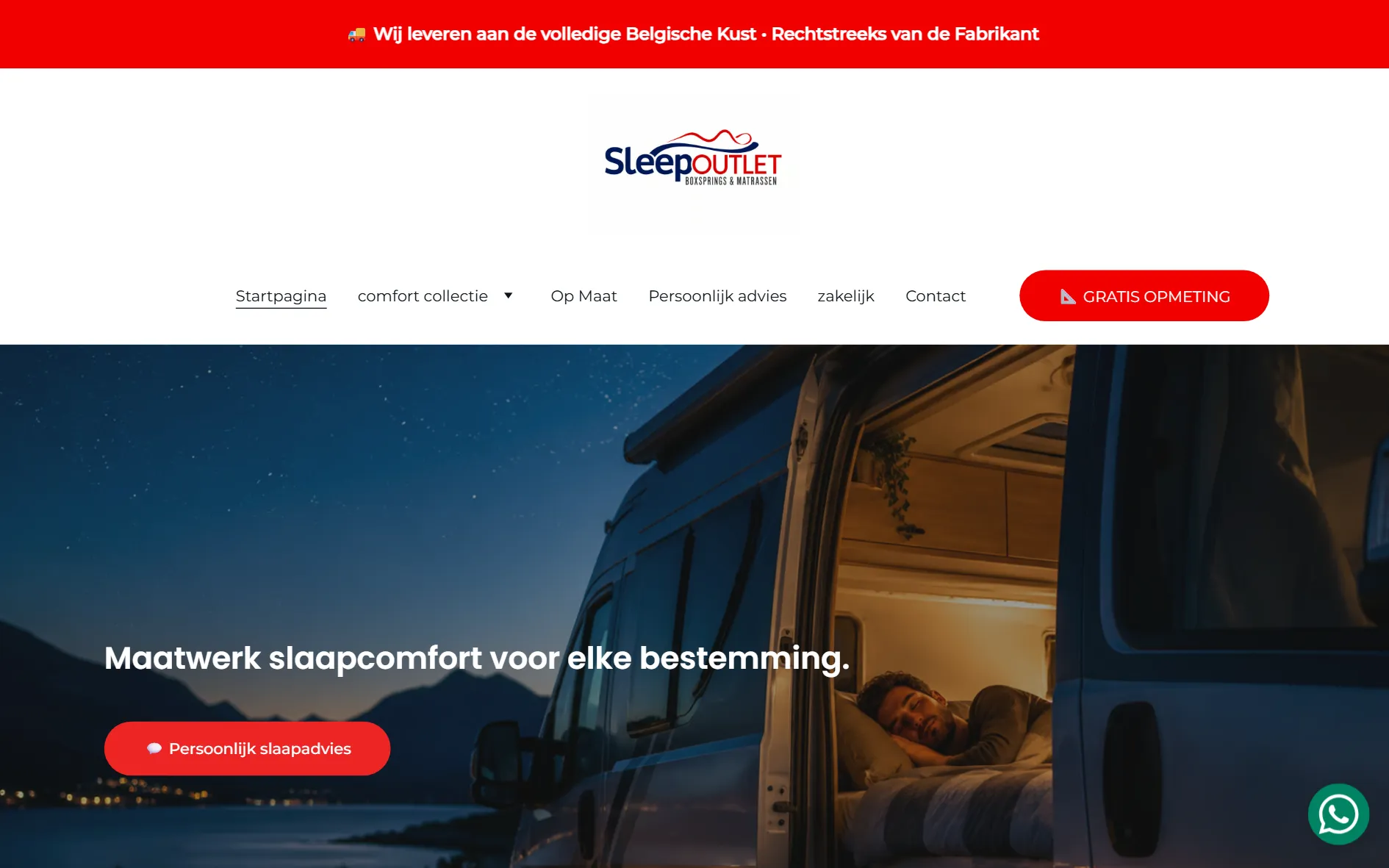 Old SleepOutlet homepage: a centred logo, a menu and a photo of a campervan at night